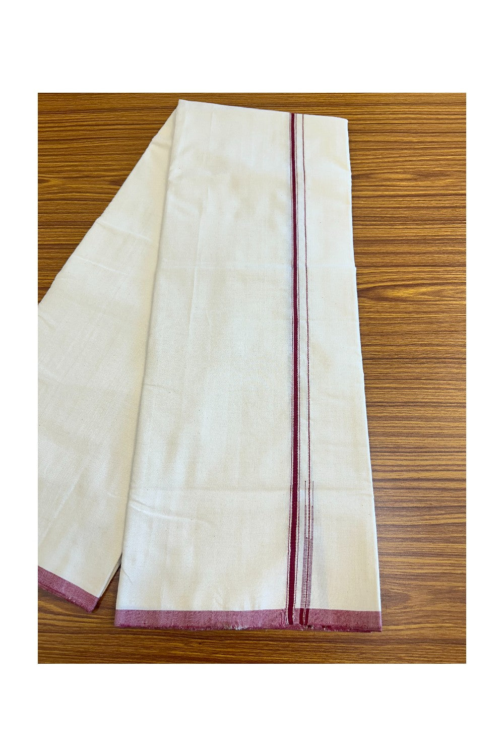 SIGNATURE KAITHARIKADA EXCLUSIVE SINGLE DHOTI - 100% Cotton Balaramapuram HANDLOOM Single Mundu/Dhoti - Off White - (Unbleached) 1 cm Maroon & Silver Striped KASAVU Chutty Kara - 3KK5040KAI