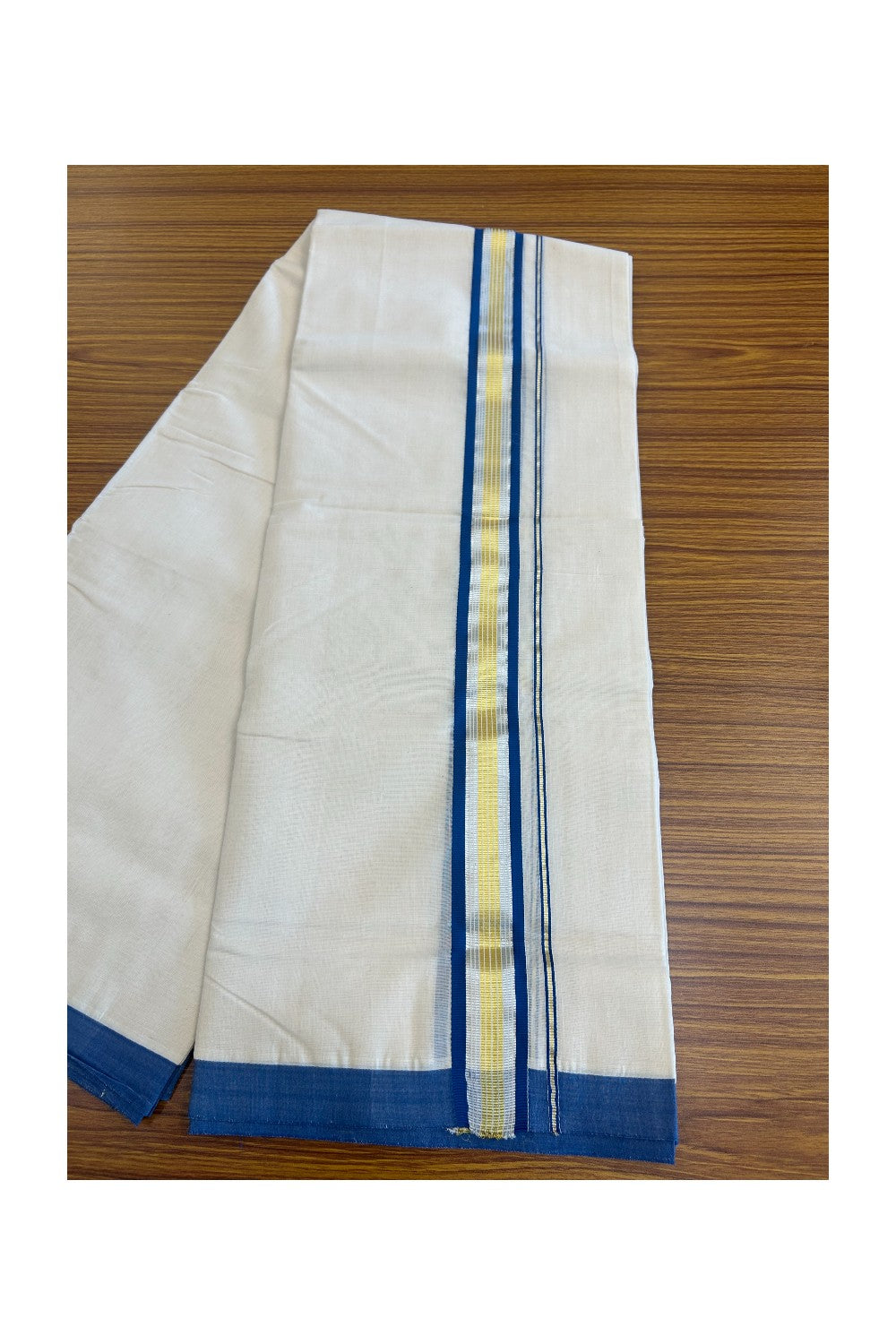 15% DISCOUNT! KaithariKada HANDLOOM Millpaav Balaramapuram - 100% PURE Cotton Off White (Unbleached) - 100x100 Double Mundu/Dhoti - 2.25 inch  Gold & Silver Kasavu Blue Stripes Kara-85