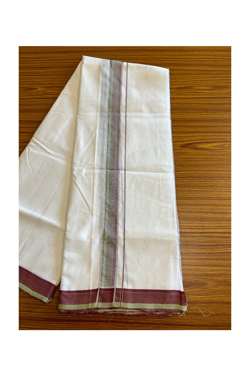 19% Disocunt! NEW PURE WHITE HANDLOOM UNAKKUPAAV Balaramapuram - 100% Cotton Double Pure White - Mundu/Dhoti - 100x100 2.25 inch Pista Green & Maroon Silver Kasavu Striped Kara 3.87 mtrs - 3KK5047REA