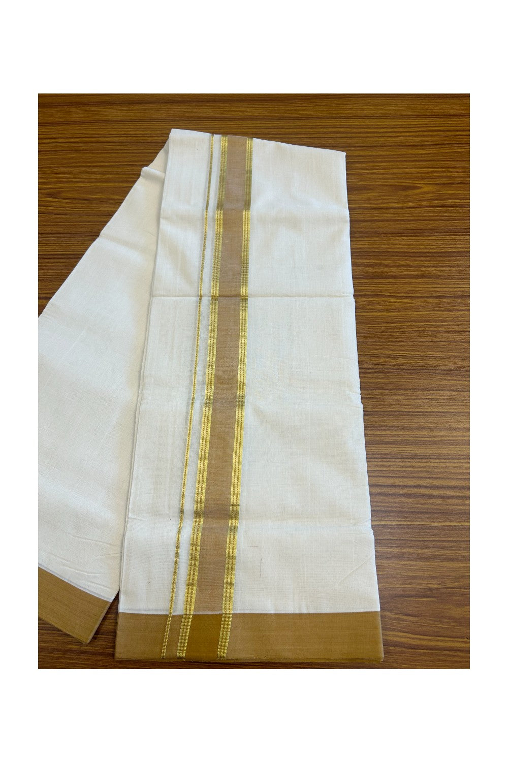 21% Discount KaithariKada HANDLOOM Unakkupaav Balaramapuram - 100% PURE Cotton Off White - 100x100 Double Mundu/Dhoti -  2.25 inch Kasavu Light Brown Kara- 223