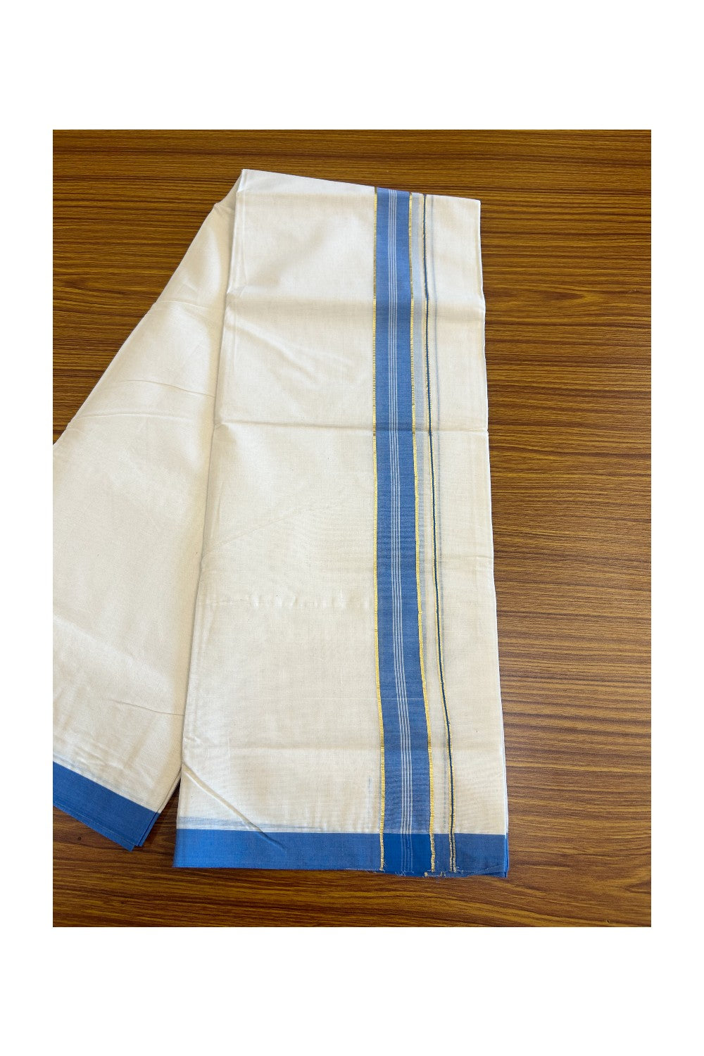 2% Discount KaithariKada Balaramapuram 100% Cotton Double Off white - (Unbleached) - Mundu/Dhoti - 100x100 - 2.5 inch Kasavu & Electric Blue Kara - 119