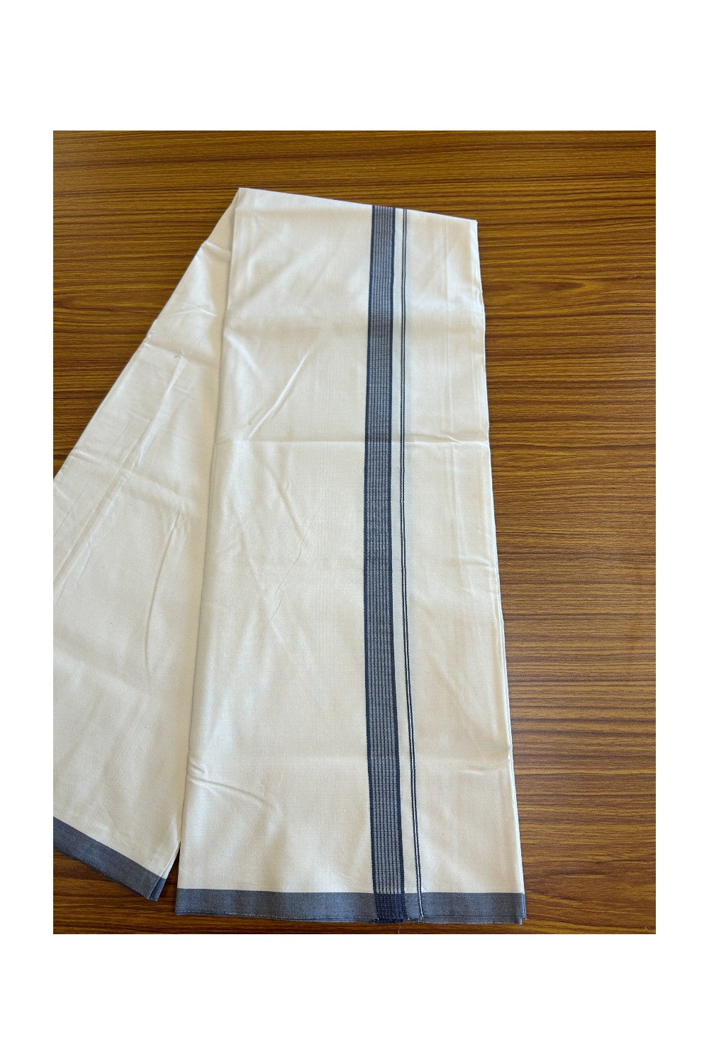 19% DISCOUNT ! KaithariKada Balaramapuram 100% COTTON SINGLE OFF WHITE - (Unbleached) Mundu/Dhoti-Twisted 100s Thread- 3.5cm GRAY Striped Kara- 3KK5055ASH