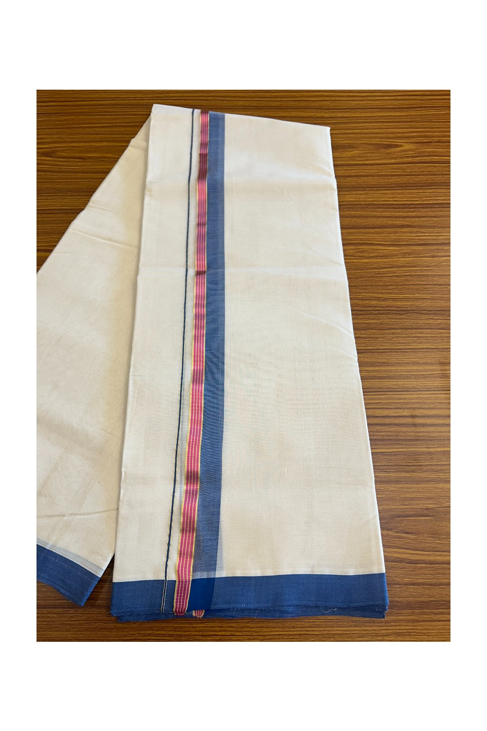 19% DISCOUNT!! KaithariKada HANDLOOM Millpaav Balaramapuram - 100% PURE Cotton OFF White Double - (Unbleached) Mundu/Dothi - 1.75 Inch Blue & Magenta Gold Kasav Striped Kara - 3KK5056RAM