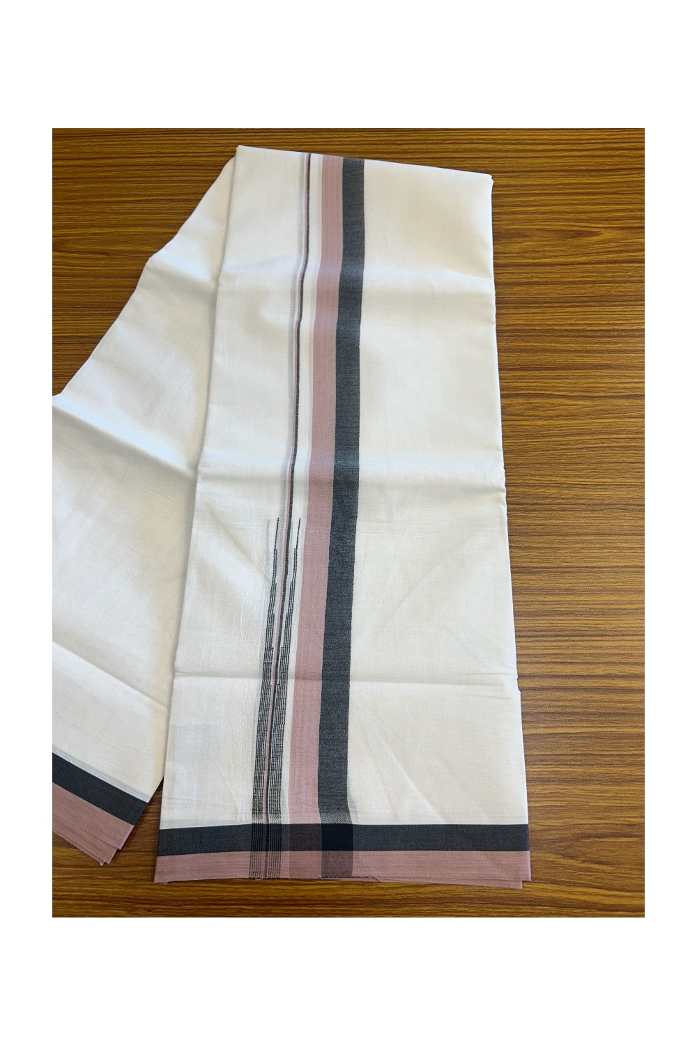 19% Discount!!! KaithariKada Balaramapuram  PURE WHITE Double Mundu/Dhoti - 80X90 - 2 inch Black & Dusty Rose  puliyilakkara striped chutty kara 3.85 meters - 3KK5058GUN