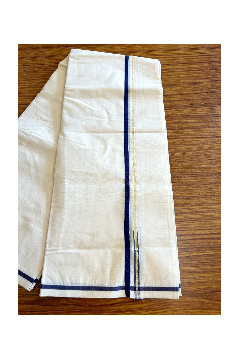 14% Discount!!! KaithariKada Balaramapuram 100% Cotton off white (Unbleached) Double Mundu/Dhoti-100x100  1.cm Navy Blue & Kasavu Chutty - 3KK5063KK