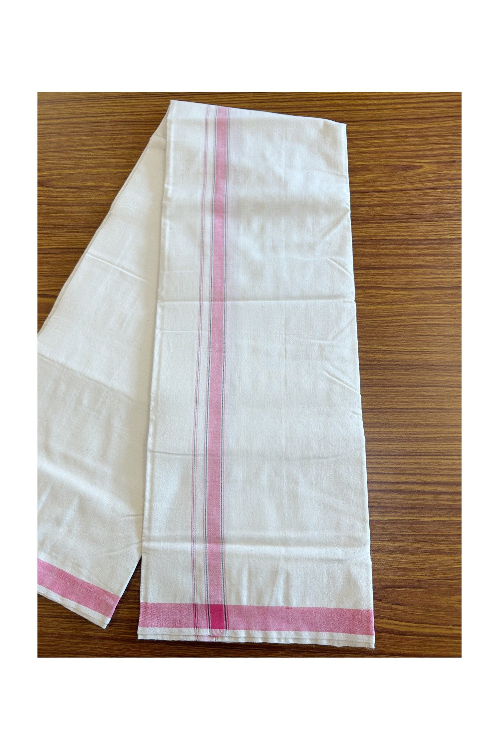 32% Discount ! KaithariKada 100% Cotton Balaramapuram HANDLOOM Single Mundu/Dhoti - Off White - (Unbleached) 1.Inch (2 meter / 4 muzham) Pink & Black Stripes- KK32KAI