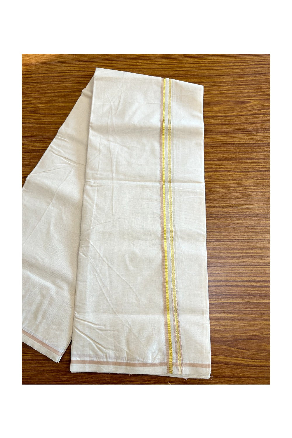 10% OFFER ! KaithariKada Balaramapuram 100% Cotton Double OFF WHITE (Unbleached) - Mundu/Dhoti-100x100 Kasavu Chutty Sand Brown & Kasavu Border- 4KK429ASH