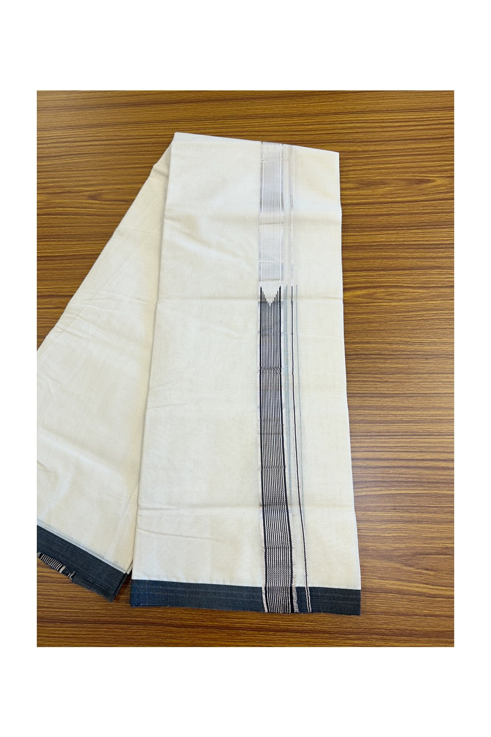 19% Discount !! KaithariKada Balaramapuram 100% Cotton Double Off White - (Unbleached) Mundu/Dhoti-100x100 1.5 inch Heavy Chutty Silver Kasavu & Black Striped kara - 7KK5055ASH