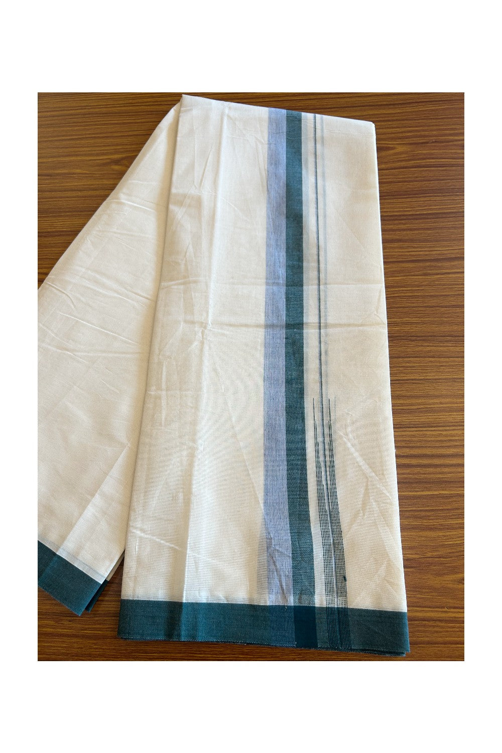 5% Discount!!! KaithariKada Balaramapuram  Double Off white - (Unbleached) Mundu/Dhoti - 80X90 - 1.75 inch Green & Blue Shaded puliyilakkara striped chutty - 3KK5077KAI