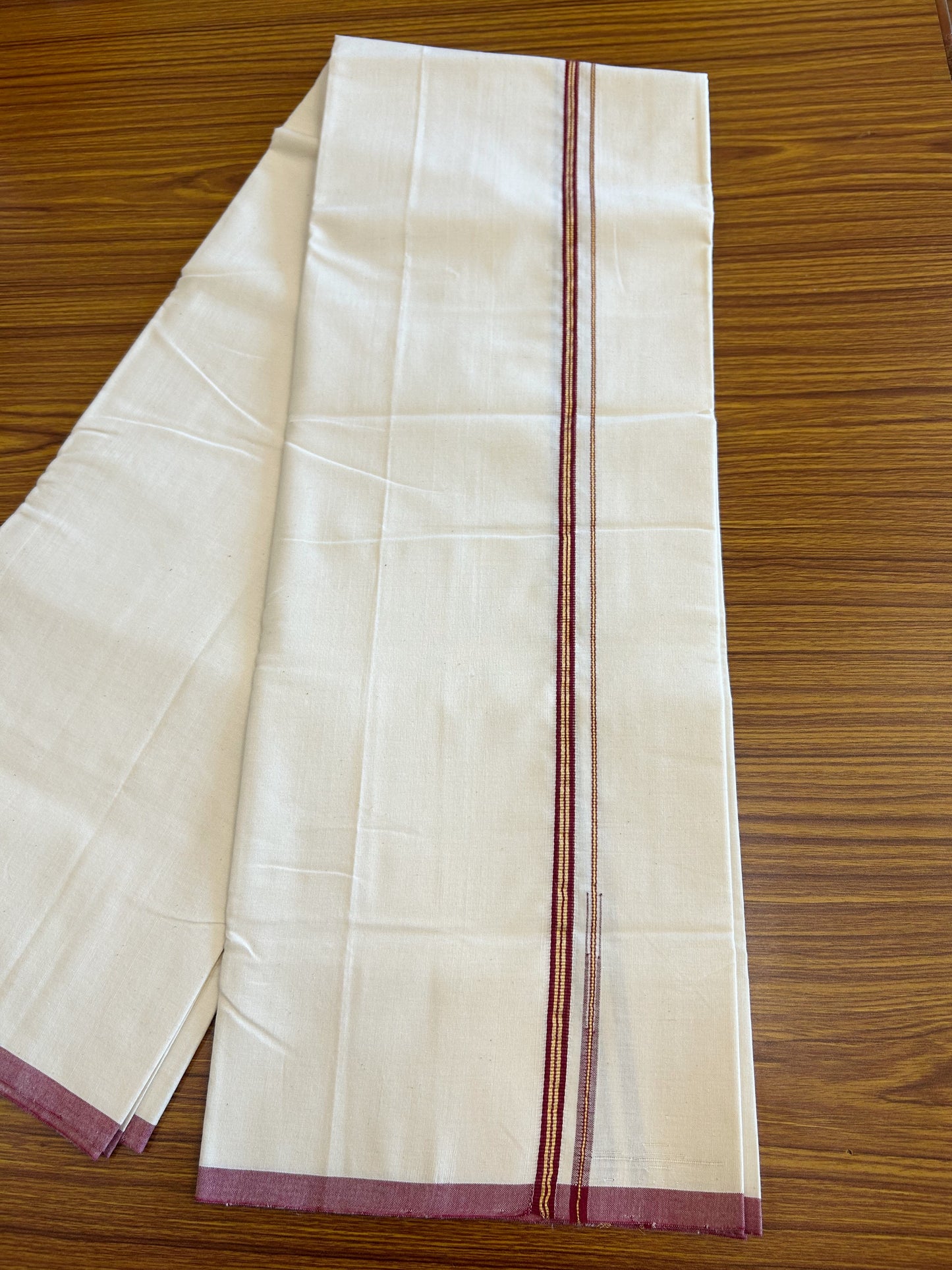 SIGNATURE KAITHARIKADA EXCLUSIVE SINGLE DHOTI - 100% Cotton Balaramapuram HANDLOOM Single Mundu/Dhoti - Off White - (Unbleached) 1 cm Maroon & KASAVU Striped Chutty Kara- 3KK5078KAI