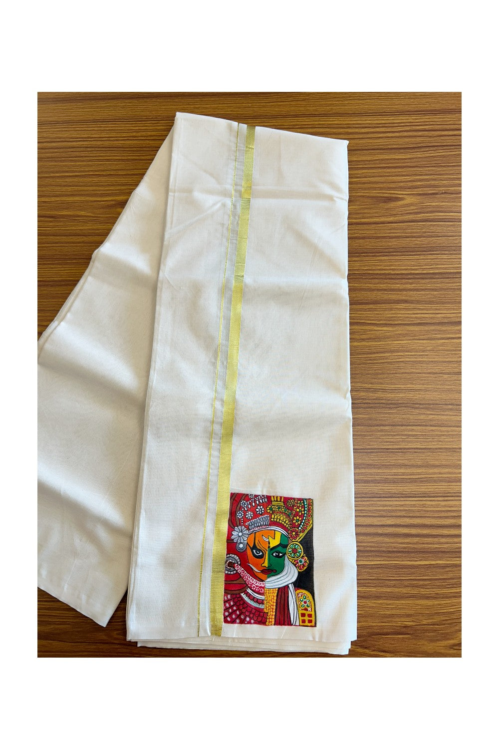 KaithariKada Balaramapuram 100% Cotton Double Off white - (Ubleached) Mundu/Dhoti-100x80 1 inch Kasavu Hand Painted Theyyam & Kadhakali Design Kara 3.70 meter- 3KK5083ASH