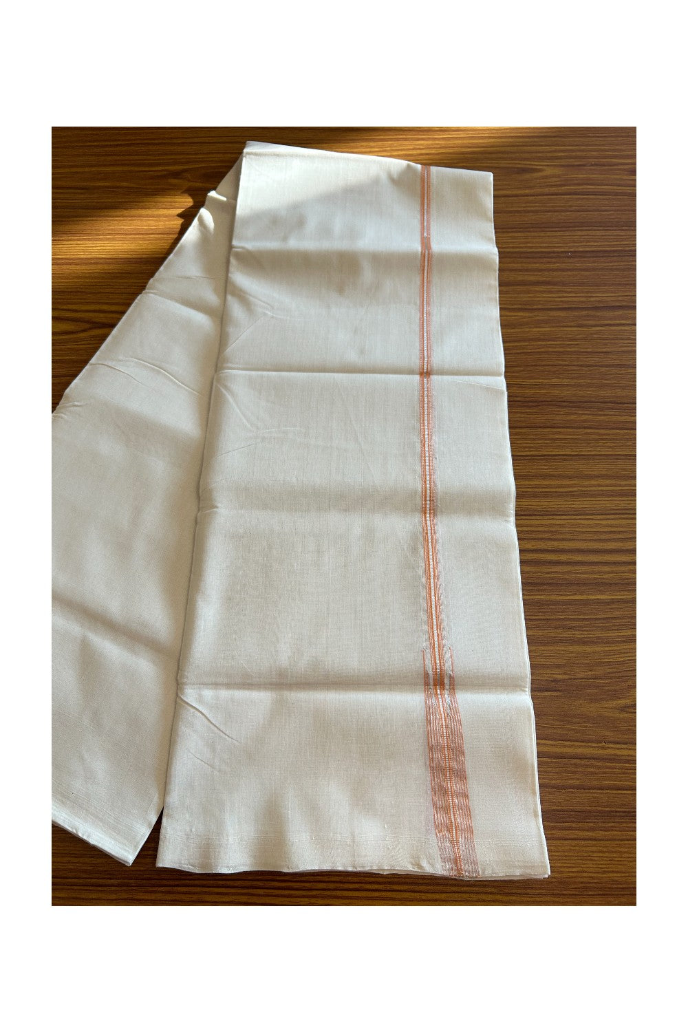 19% DISCOUNT!! KaithariKada HANDLOOM UNAKKUPAAV Balaramapuram - 100% PURE Cotton OFF White - (Unbleached) Double Mundu/Dothi - 1.5 cm Puliyilakkara silver kasavu & Orange Striped chutty - 3KK5089YAR