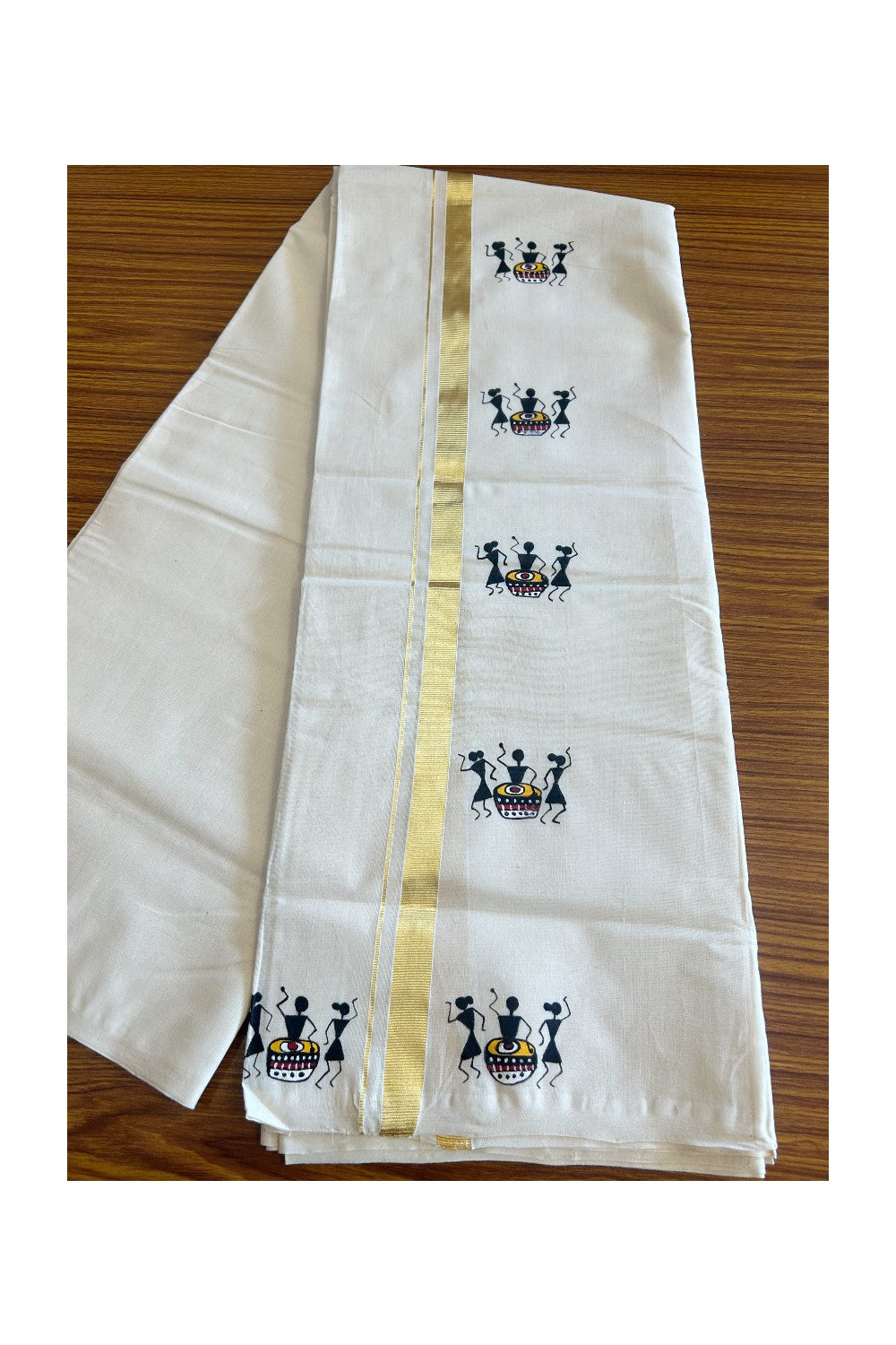 KaithariKada HANDLOOM Millpaav Balaramapuram - 100% PURE Cotton OFF White - (Unbleached) Double Mundu/Dothi - 1.25 Inch Kasavu kara Hand Painted Warli Design - 3KK5091RAM