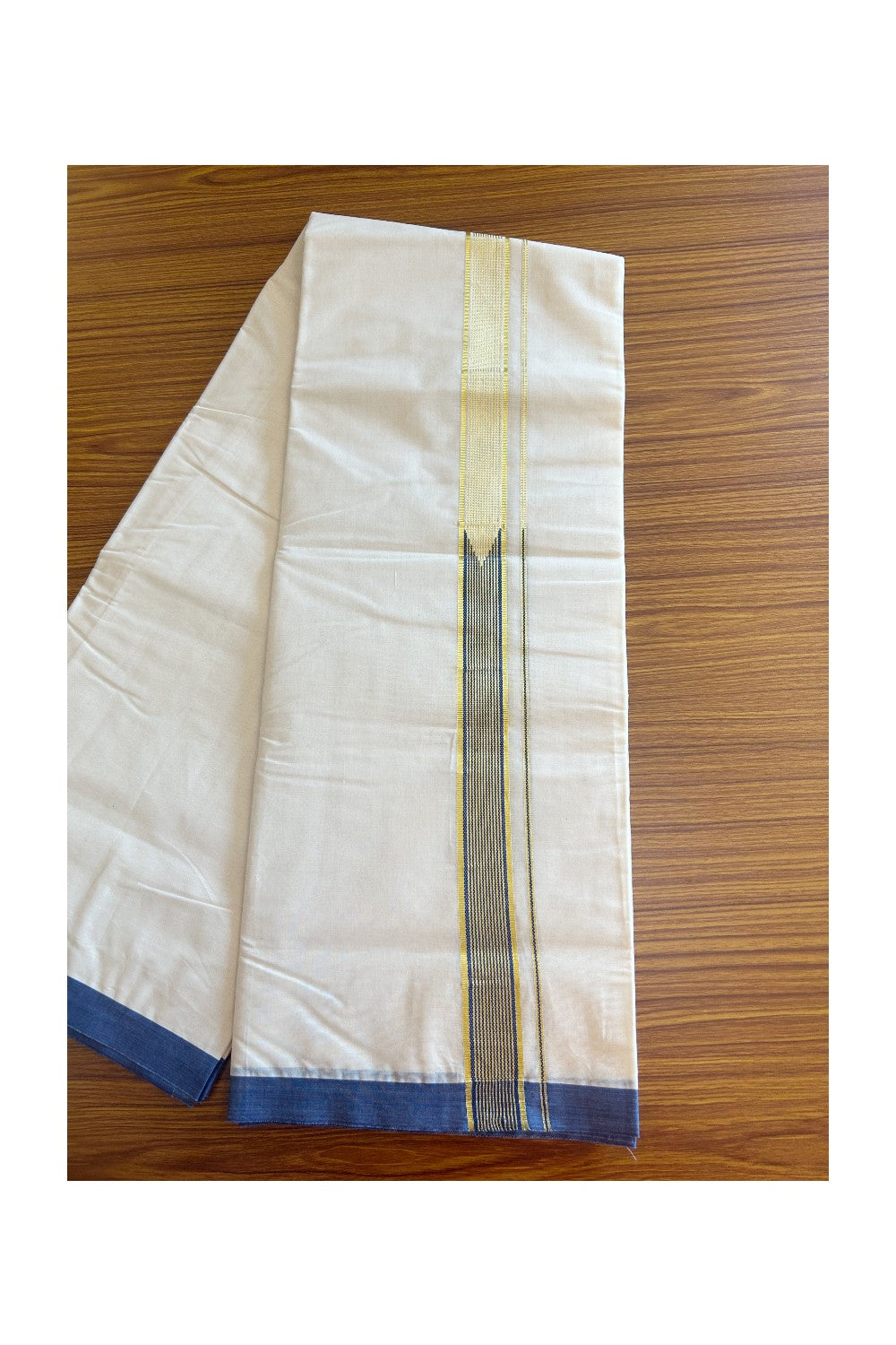 19% DISCOUNT! KaithariKada Balaramapuram 100% Cotton Double Off white - (Unbleached) Mundu/Dhoti-100x100 Chutty Heavy Designer Blue & Kasavu 1.5 inch Kara- 3KK5093ASH