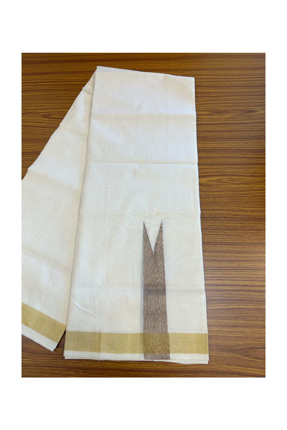 30% DISCOUNT ! KaithariKada HANDLOOM Unakkupaav Balaramapuram - 100% PURE Cotton Off White - (Unbleached) Double Mundu/Dhoti - 100x100  Kasavu 1.5 Inch BROWN Chutty - 3KK5097ABH