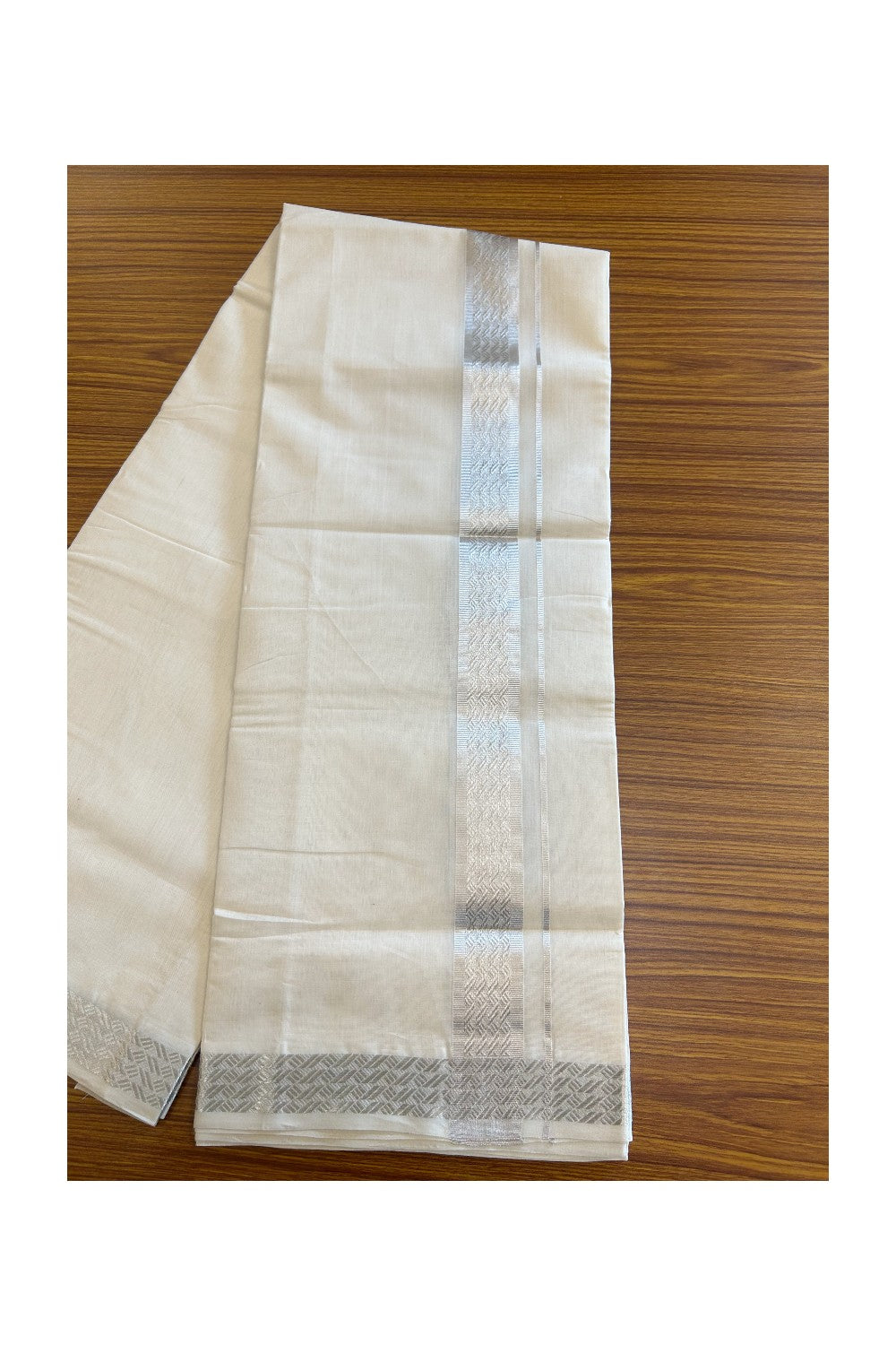 30% DISCOUNT ! KaithariKada HANDLOOM UNAKKUPAAV Balaramapuram - 100% PURE Cotton Off White - (Unbleached) Double Mundu/Dhoti - 2.25 inch Silver Kasavu Design Kara - 3KK5105RAM