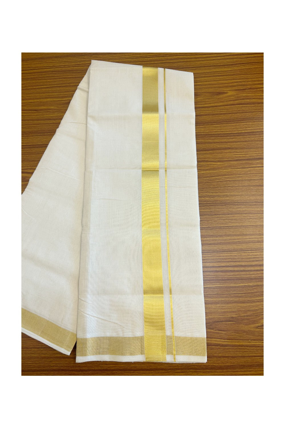 30% DISCOUNT ! KaithariKada HANDLOOM Unakkupaav Balaramapuram - 100% PURE Cotton Off White - (Unbleached) Double Mundu/Dhoti - 2.25 inch Gold Kasavu Kara - 3KK5107ABH