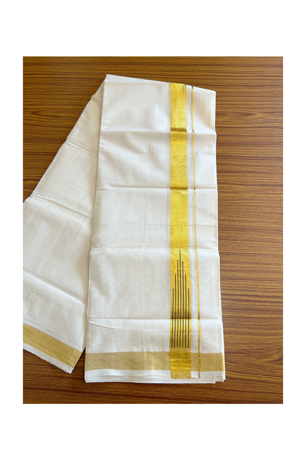 19% DISCOUNT ! KaithariKada Balaramapuram 100%  Cotton Double Off white - (Unbleached) Mundu/Dhoti-100X100 - 1.5 inch KASAVU & Black Chutty kara - 3KK5110THI