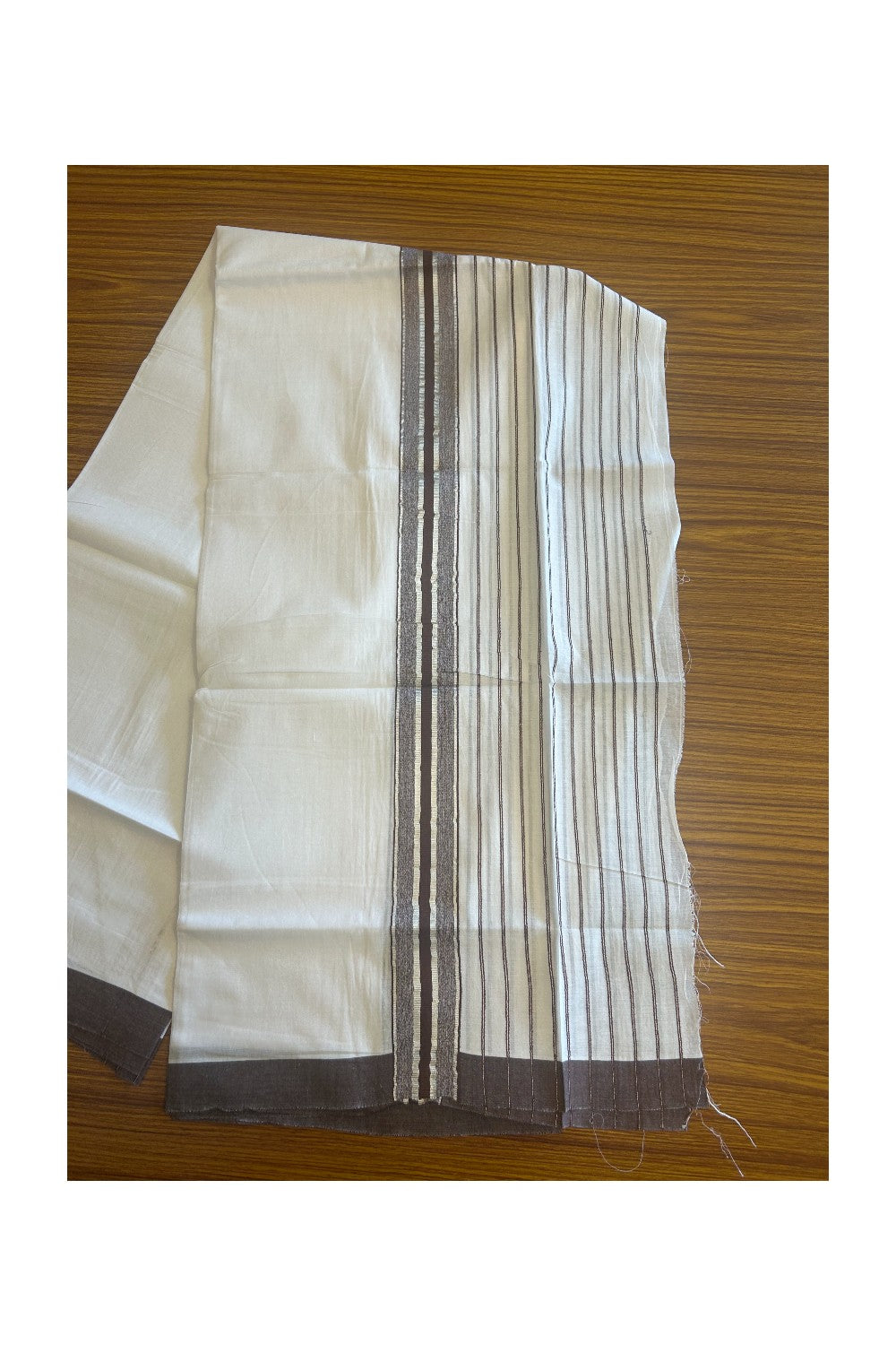 20% Discount !! KaithariKada Balaramapuram Double PURE WHITE Mundu/Dhoti- 100x80 - 7.25 inch Dark Brown & Silver Striped kara - 3.90 mtr - 3KK5112PMC