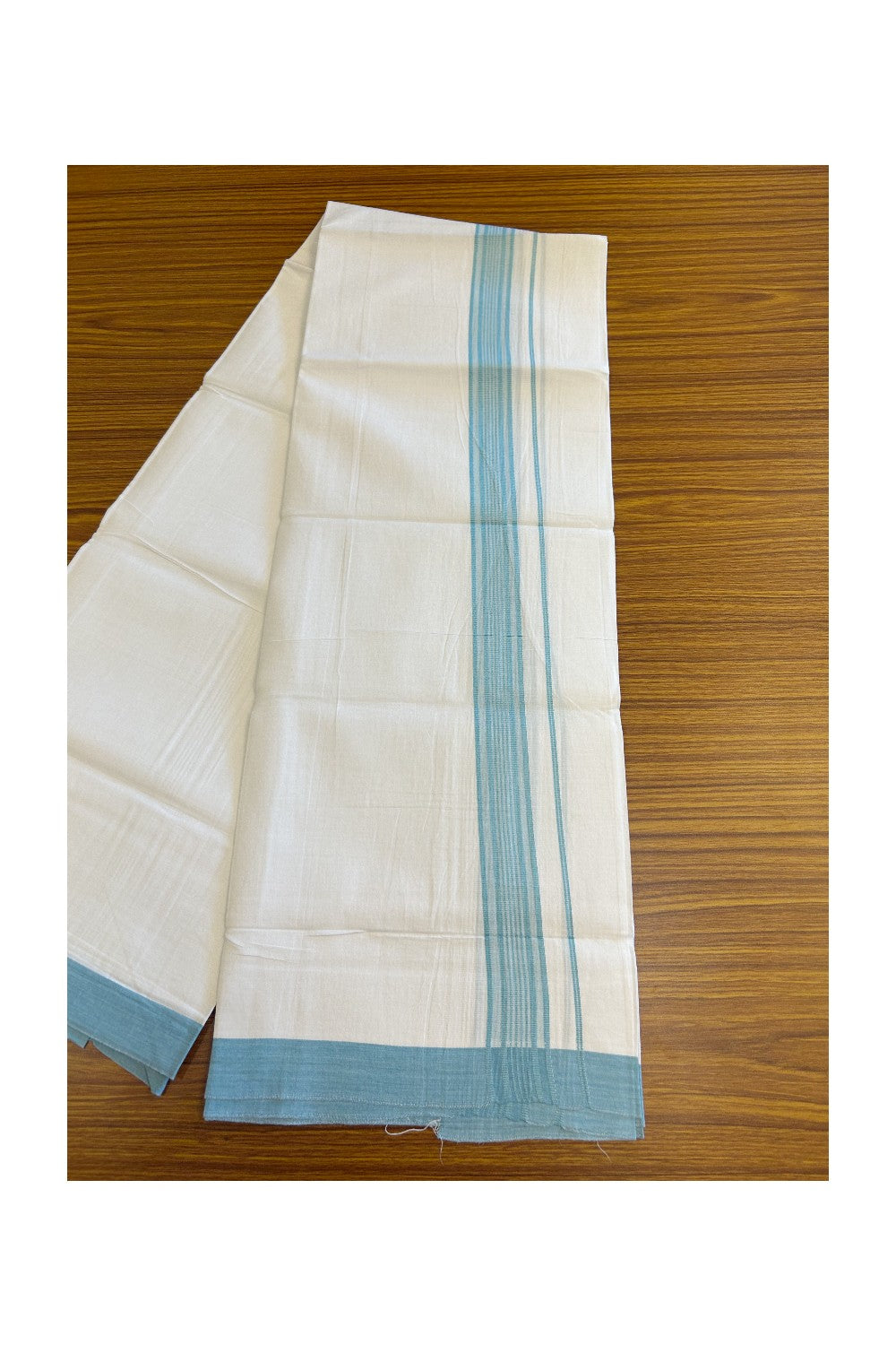 8% DISCOUNT ! KaithariKada Balaramapuram 100% Cotton Pure white Single Mundu/Dhoti - (40S) - 1.85 inch Light Turquoise Striped  Kara (2 meter / 4 muzham) - 3KK5115THI.