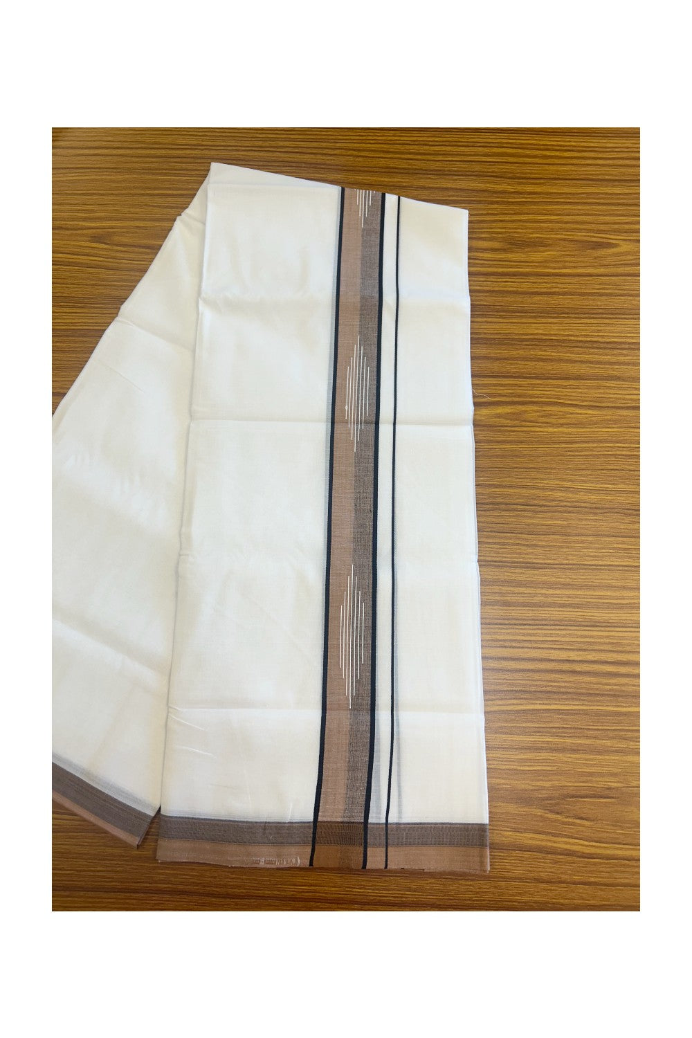 20% DISCOUNT! KaithariKada Balaramapuram 100% Cotton PURE WHITE Double Mundu/Dhoti-100x80 2.25 inch BROWN & BLACK shaded designer kara - 3KK5116MR