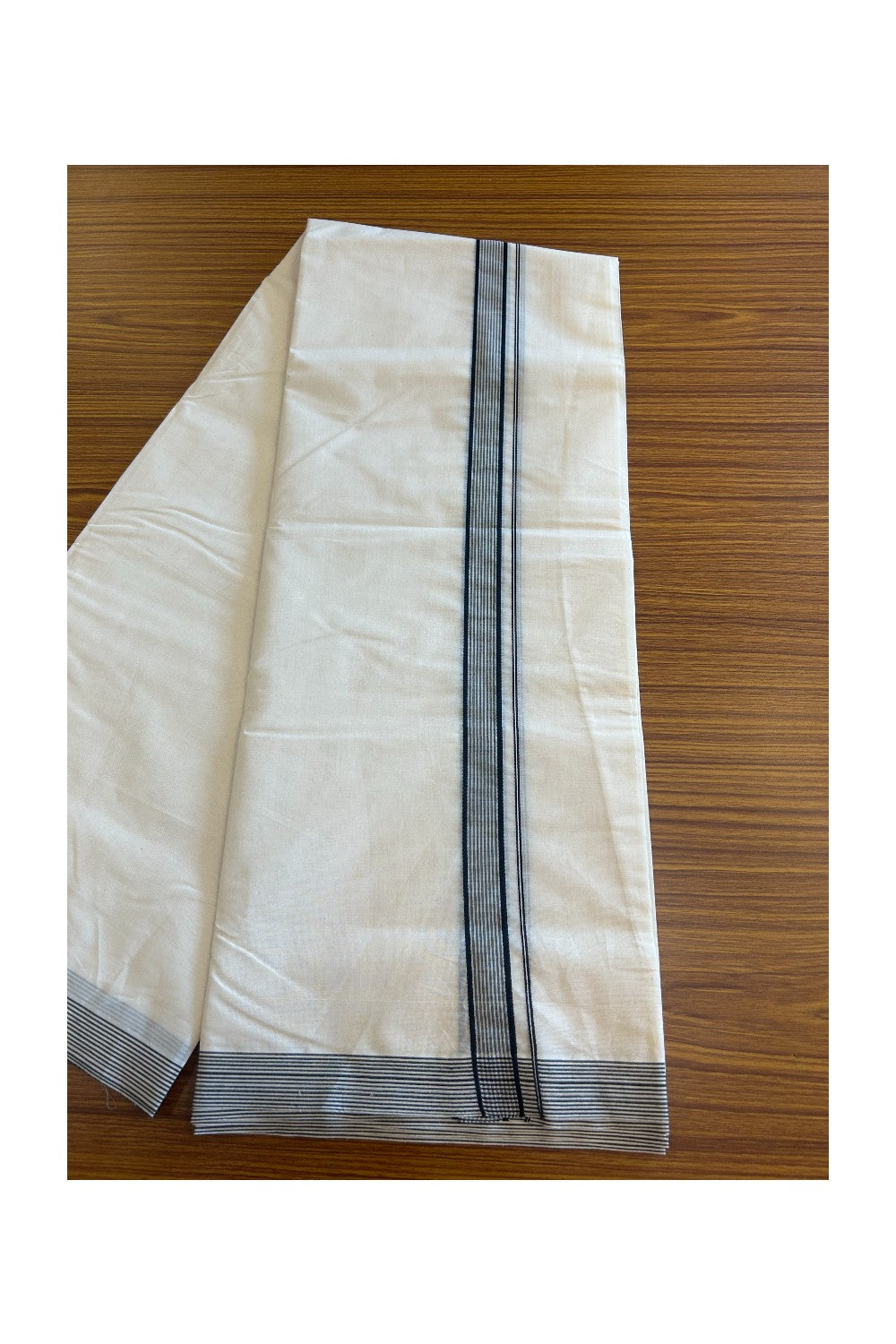 19% Discount ! KaithariKada Balaramapuram 100% Cotton Double Off white - (Unbleached) - Mundu/Dhoti- 100x100 - 1.5 inch Black Striped Kara.- 3KK5117ASH