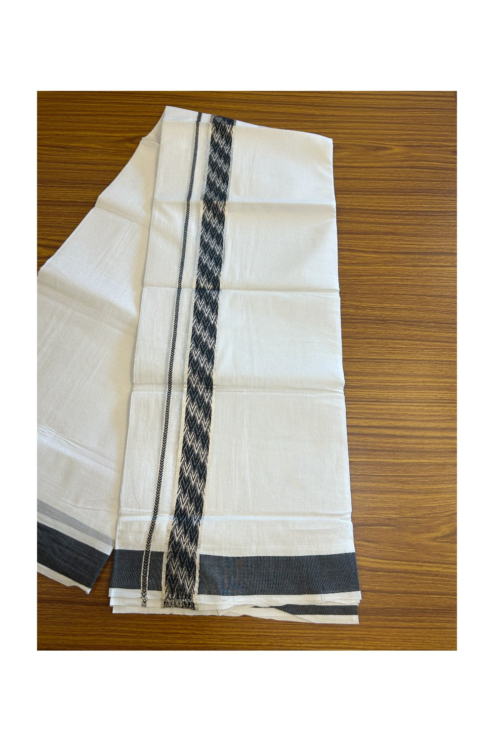 20% DISCOUNT! KaithariKada Balaramapuram 100% Cotton Double PURE white Mundu/Dhoti - 100x80 - 2 Inch Silver kasavu & Black jacquard pattern Kara - 3KK5118PMC