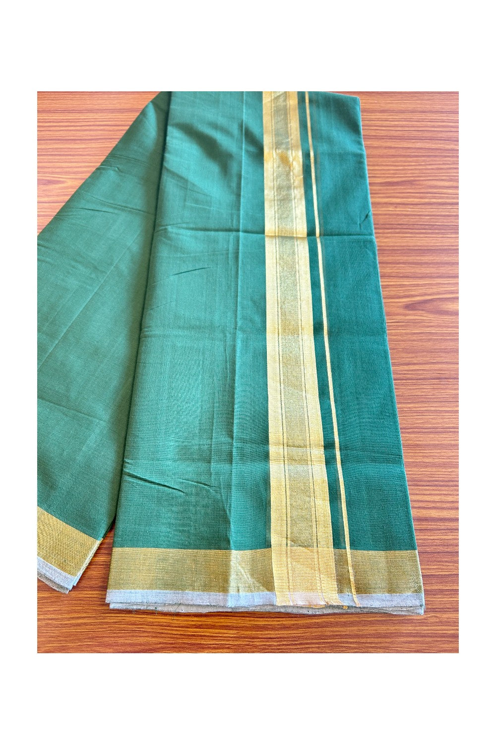 36% Discount! KaithariKada Handloom Unakkupaav Balaramapuram - 100% Cotton Double Mundu/Dhoti - Forest Green colour Body & 2.5 Inch kasavu striped kara - 3KK5121ABH