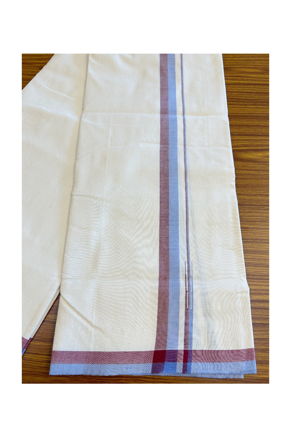 SIGNATURE KAITHARIKADA EXCLUSIVE SINGLE DHOTI - 30% Discount!!  100% Cotton Balaramapuram HANDLOOM Single Mundu/Dhoti - Off White - (Unbleached) 1 inch Lavender Blue & Maroon Puliyilakkara chutty (2 meters /4 muzham) - 3KK5124KAI