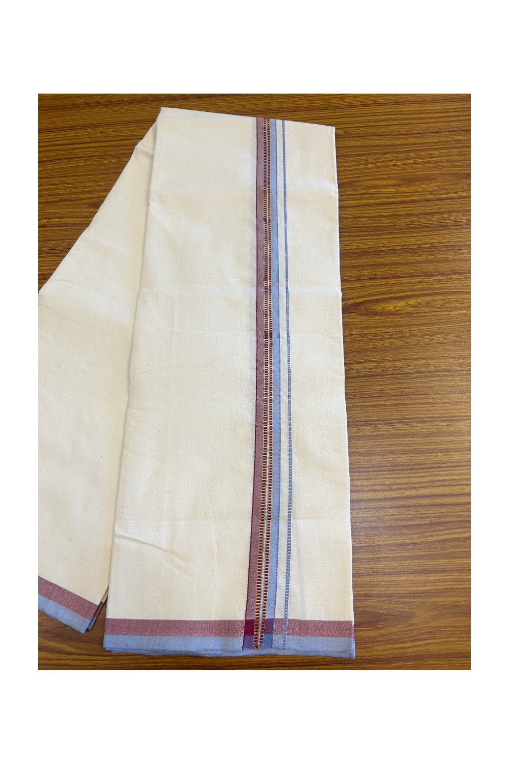 SIGNATURE KAITHARIKADA EXCLUSIVE SINGLE DHOTI - 30% Discount!!  100% Cotton Balaramapuram HANDLOOM Single Mundu/Dhoti - Off White - (Unbleached) 1 inch Lavender Blue & Maroon Kasavu Muthukuri kara  (2 meters /4 muzham) - 2KK5131KAI