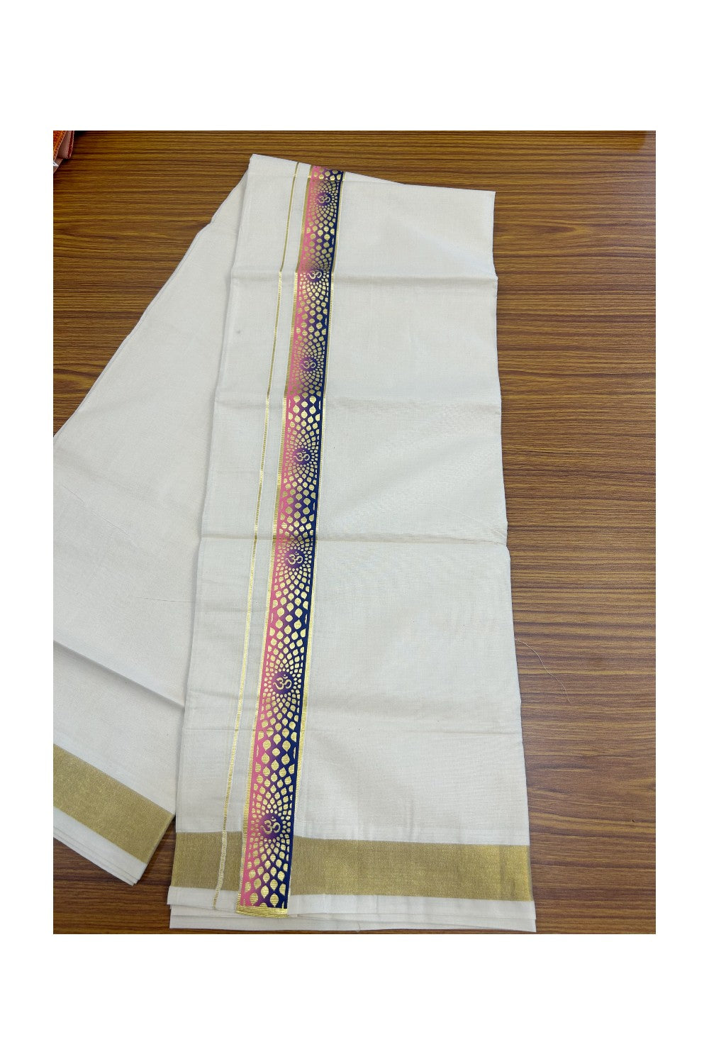 19% Discount !! KaithariKada Balaramapuram 100% Cotton Double Off white - (Unbleached) Mundu/Dhoti-100X80- 1.5 inch Hand Painted Kasavu Pink & Violet OHM Design Kara- 3KK5135GAN