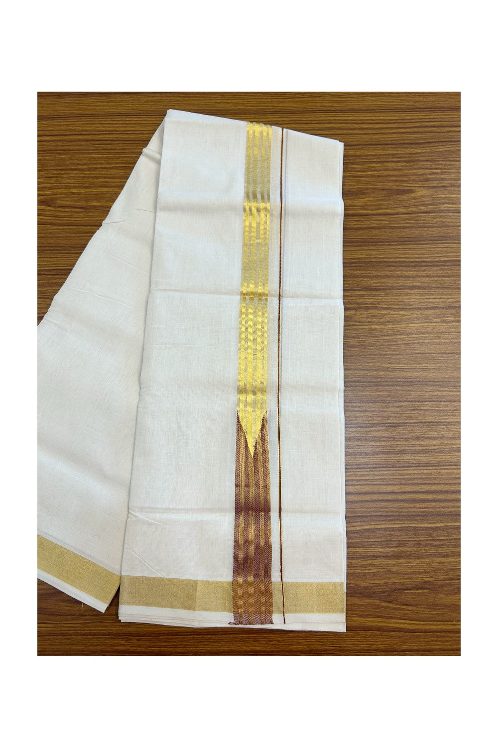 33% DISCOUNT ! KaithariKada HANDLOOM Unakkupaav Balaramapuram - 100% PURE Cotton Off White - (Unbleached) Double Mundu/Dhoti - 100x100 - 1.5 Inch Maroon & Gold Kasavu Striped Chutty Kara - 3KK5141ABH