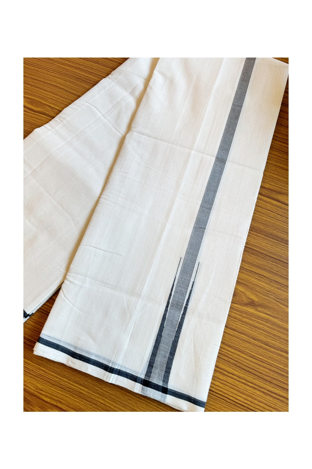 20% DISCOUNT!! KaithariKada HANDLOOM Unakkupaav Balaramapuram - 100% PURE Cotton OFF White (Unbleached) Double Mundu/Dothi - Silver Kasavu Black Stripes Chutty Puliyilakkara-3KK59RAM