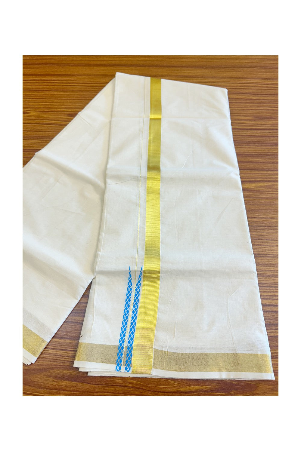 15% Discount !! KaithariKada Balaramapuram 100% Cotton Double Off white Mundu/Dhoti-80X72-  KASAVU & BLUE CHUTTY PATTERN Kara- 3KK85CEE