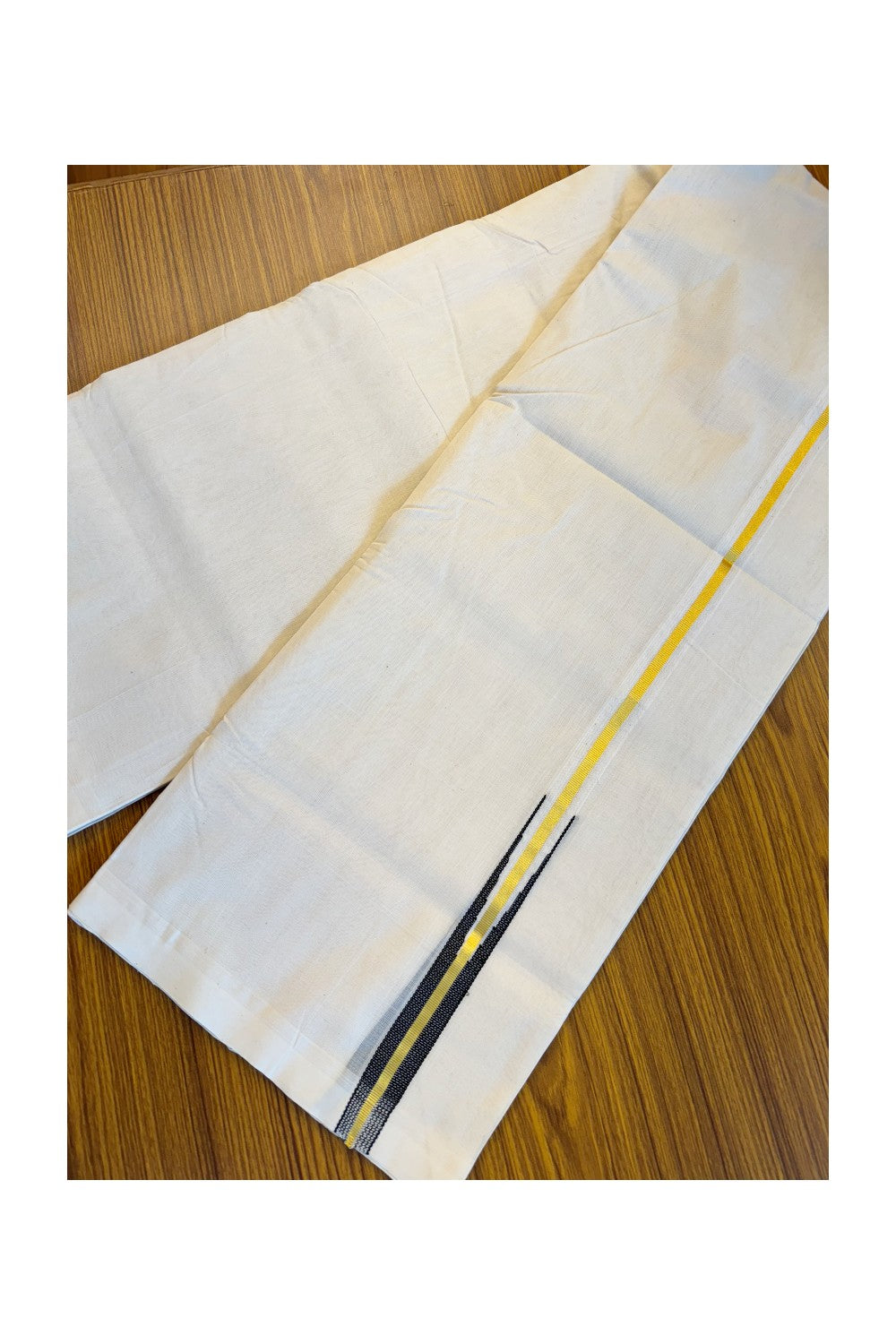 21% DISCOUNT!! KaithariKada HANDLOOM Unakkupaav Balaramapuram - 100% PURE Cotton OFF White (Unbleached) Double Mundu/Dothi - Kasavu black puliyilakkara Chutty - 3KK86RAM