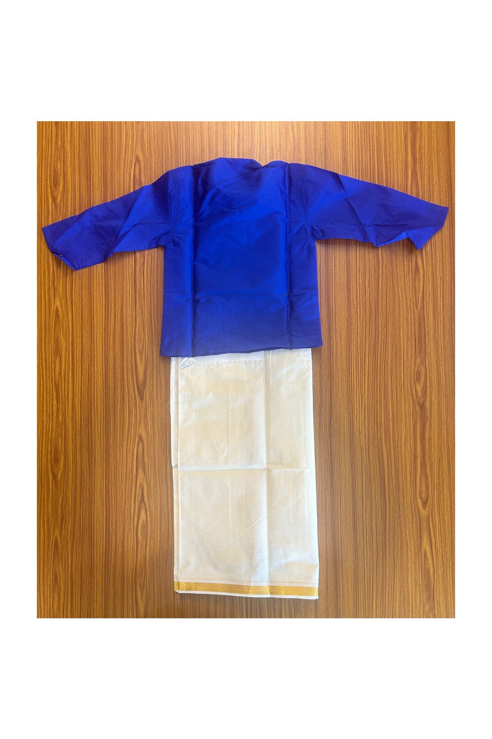 10% DISCOUNT !!! Yuvraj-Traditional South Indian Kids Silk Kurta & Dhoti- DARK BLUE Kurta Off white Kasavu Dhoti Age 2- 3KK95YUV2.