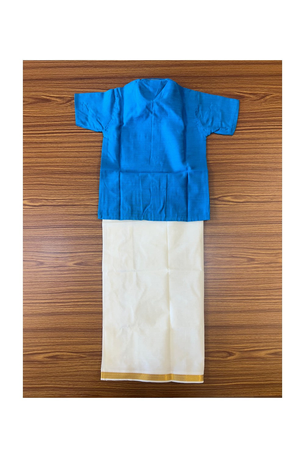 10% DISCOUNT !!! Yuvraj-Traditional South Indian Kids Shirt & Dhoti- Deep sky blue Shirt Off white Kasavu Dhoti Age 3 - 3KK99YUV3.