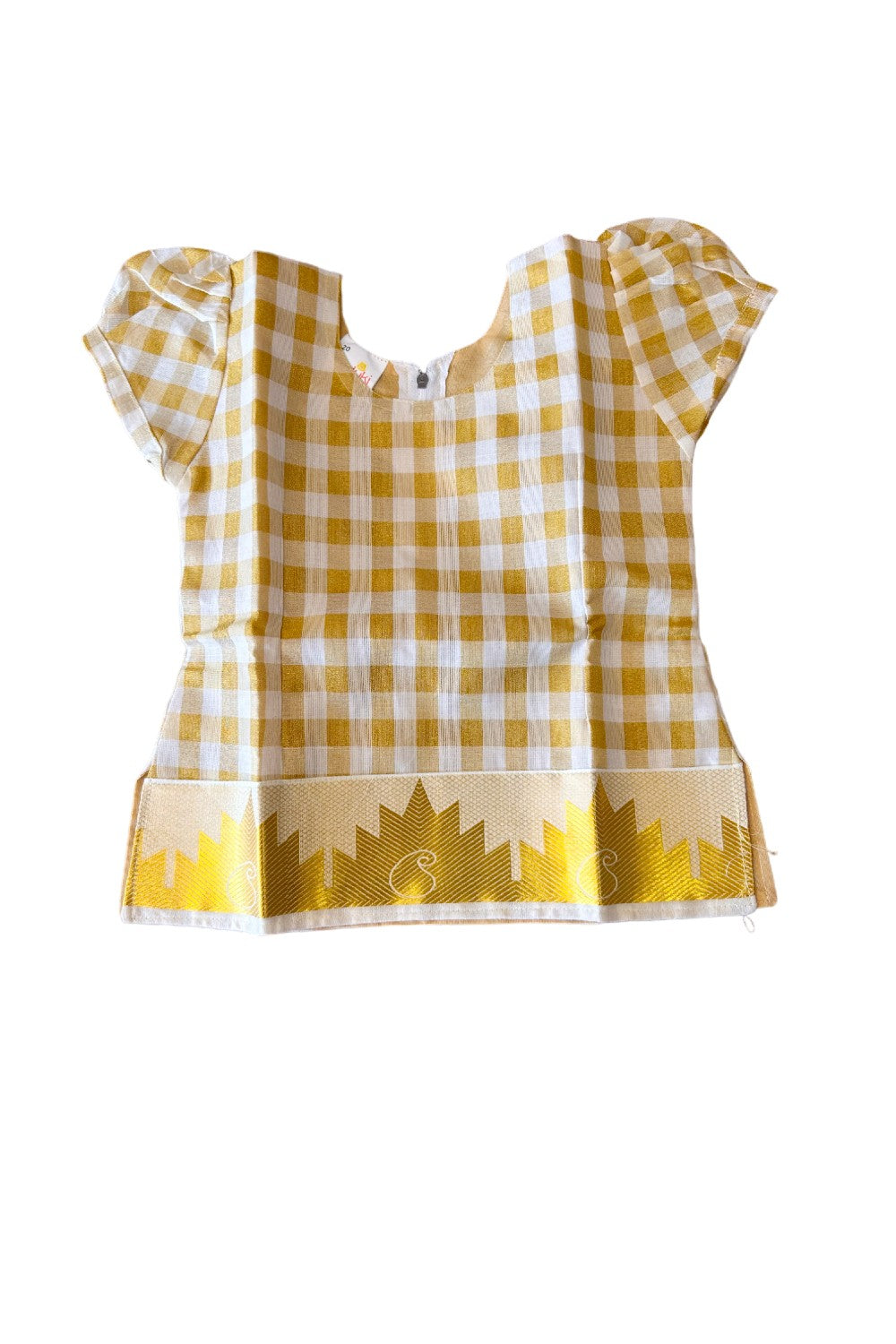 Midukki-Traditional South Indian Kids Pattu Pavada- Offwhite check top offwhite skirt with kasavu- Age 4 - KK4MID003