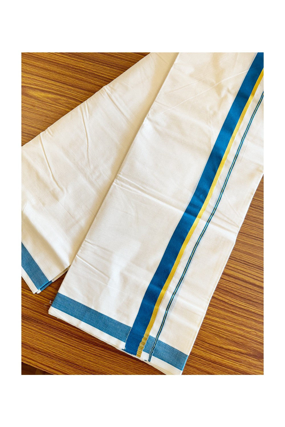 10% Discount! KaithariKada Balaramapuram 100% Cotton Off White Double Mundu/Dhoti-80x72 PEACOCK BLUE & KASAVU - 3KK57VIN