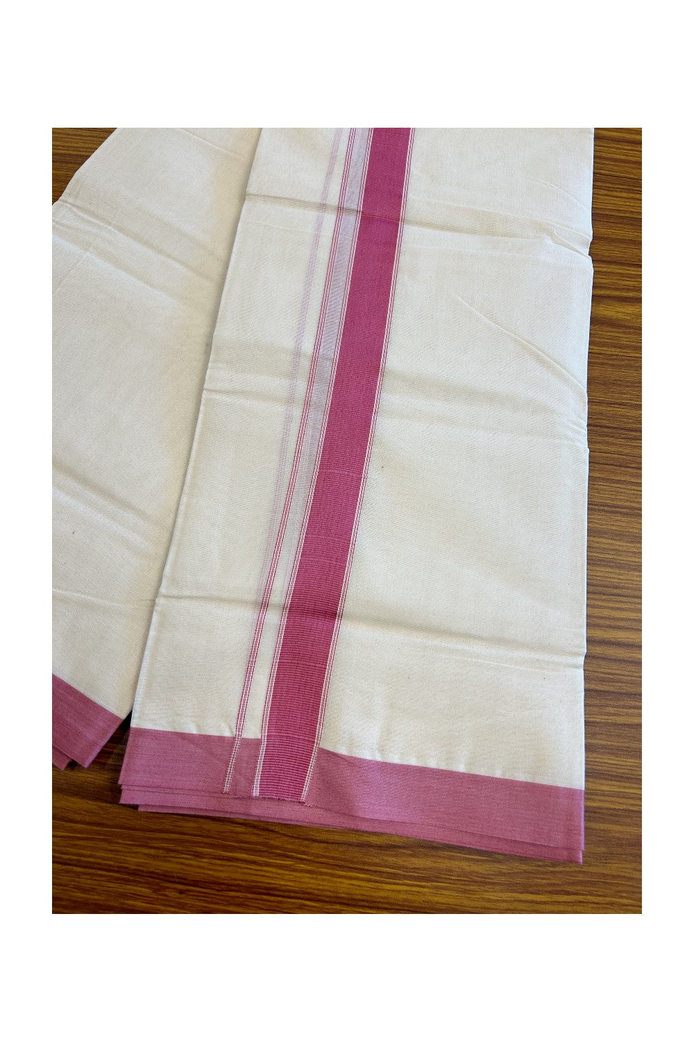 20% Discount !! KaithariKada Balaramapuram 100% Cotton Double Off white - (Unbleached) Mundu/Dhoti-100x80 - 1.75inch Dark Pink Kara 3.70 mtrs - 3KK5045ASH