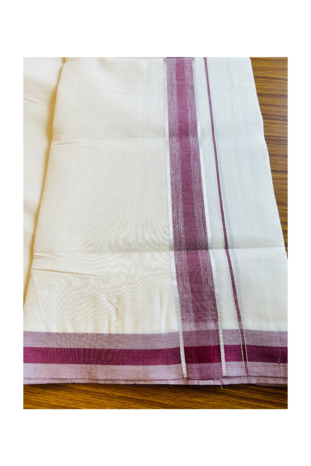 18% DISCOUNT!!! KaithariKada Balaramapuram 100%  Cotton off white Double  Mundu/Dhoti - 100X100  Silver & Maroon stripes kara - 3KK401VIN