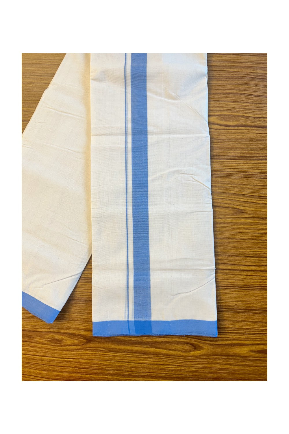 20% DISCOUNT!! KaithariKada HANDLOOM millpaav Balaramapuram - 100% PURE Cotton OFF White (Unbleached) Double Mundu/Dothi - 1.5 inch Blue Mulloth Kara 3.75 Meters (8 Muzham) - 3KK409RAM