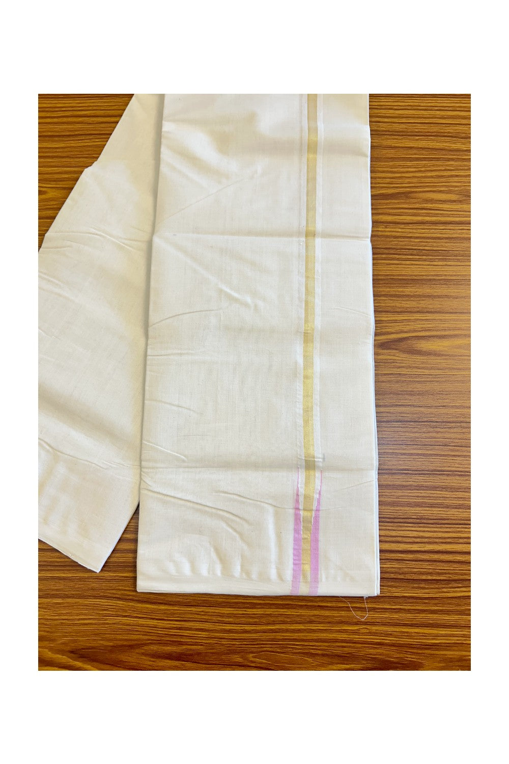 21% DISCOUNT!! KaithariKada HANDLOOM Millpaav Balaramapuram - 100% PURE Cotton OFF White - (Unbleached) Double Mundu/Dothi - Puliyilakkara chutty Lavender Pink & Kasavu Kara- 3KK410SOM