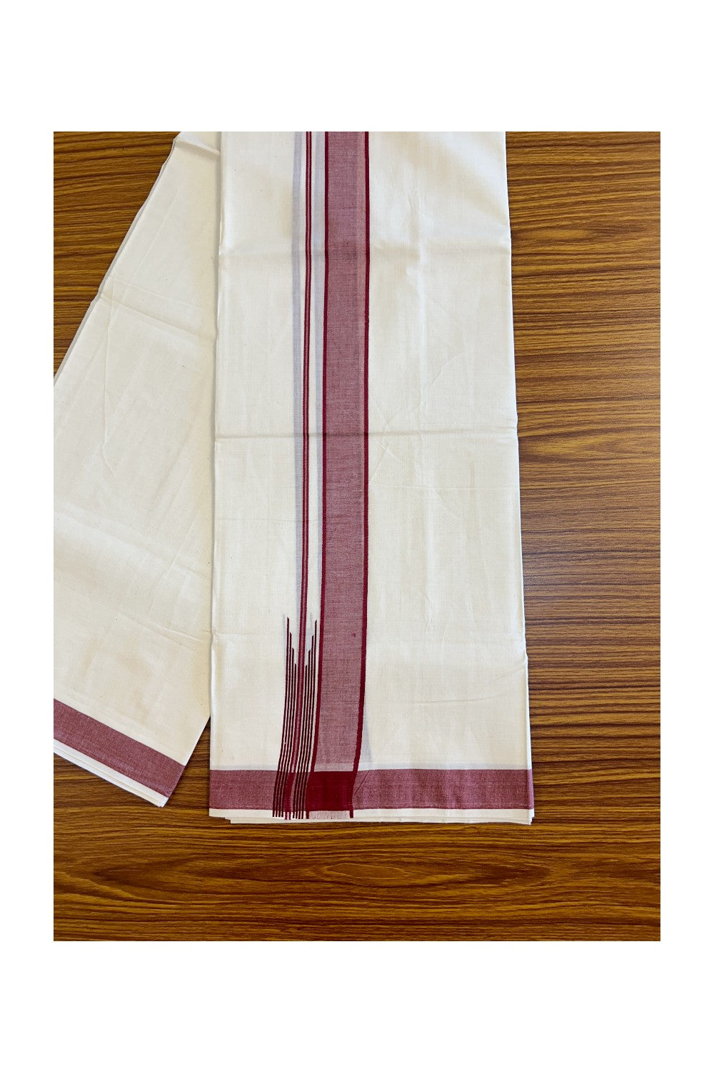 ONAM OFFER 22%! KaithariKada Exclusive 100% PREMIUM Cotton OFF WHITE (Unbleached) Double Dhoti/Mundu- Cotton Maroon Kara Printed Striped Chutty - 3KK426MC