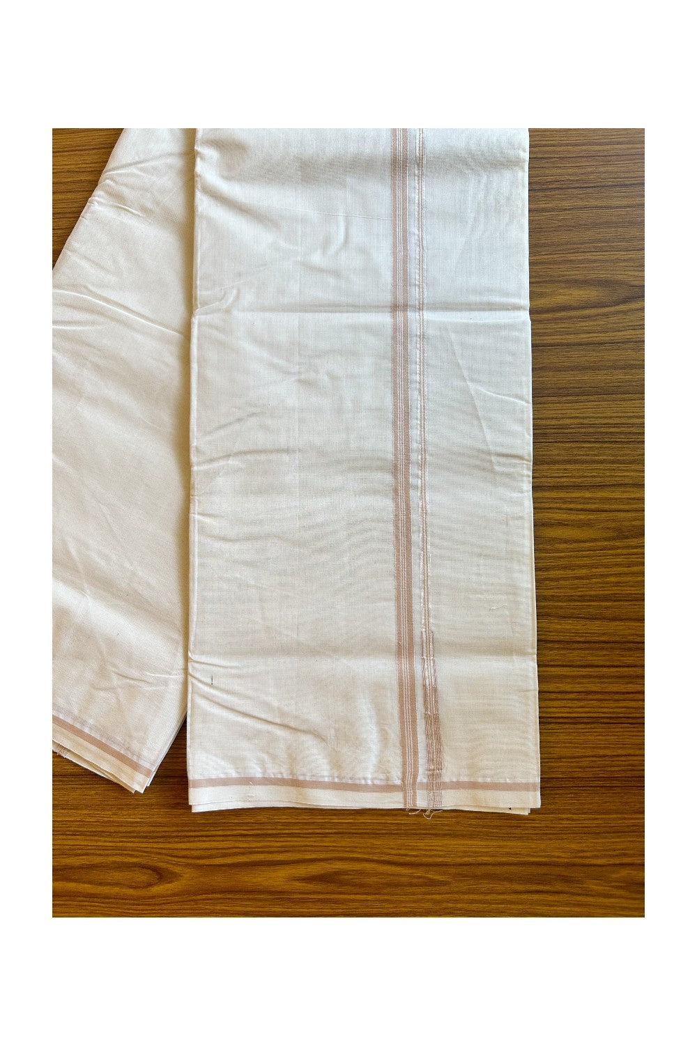 10% DISCOUNT!! KaithariKada Balaramapuram 100% Cotton Off WHITE Double Mundu/Dhoti-100x100  1.cm Puliyilakkara Chutty STRIPED Sand Brown- 3KK429ASH