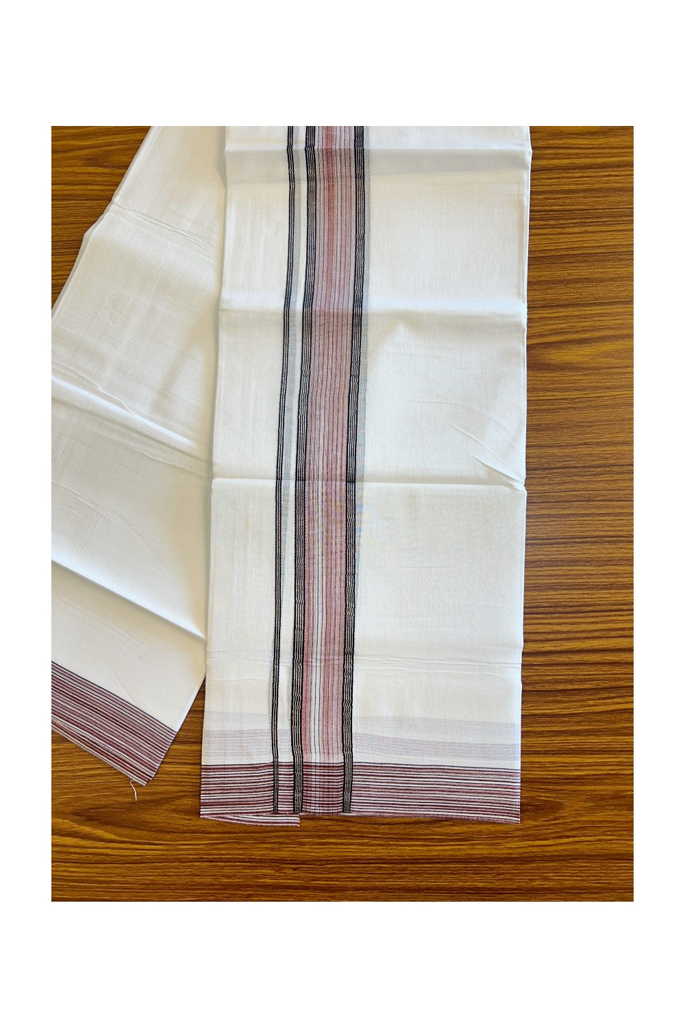 14% DISCOUNT!! Kaitharikada Balaramapuram 100% Cotton Ultra WHITE Double Mundu/Dothi-100x90  2.5 Inch  Silver kasavu Brick red & white shaded kara with black stripes - 3KK430VAS