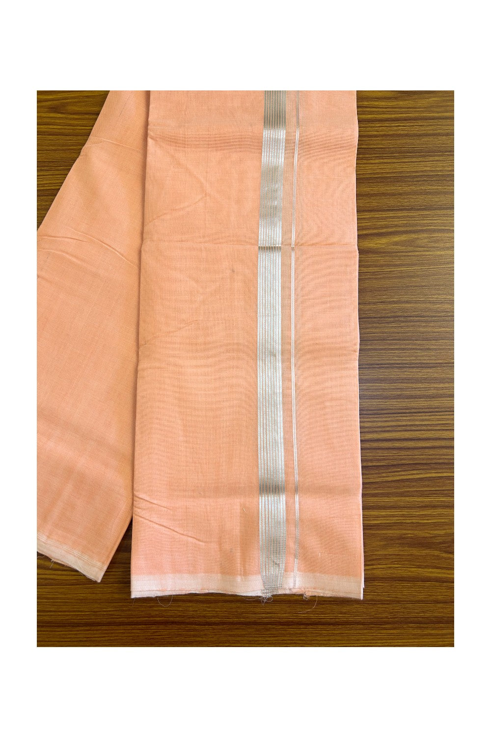 26% Discount! KaithariKada Handloom 100% Cotton Double Mundu/Dhoti - Light Orange Colour Body & Silver Striped 1.5inch Kara - 3KK452SOM