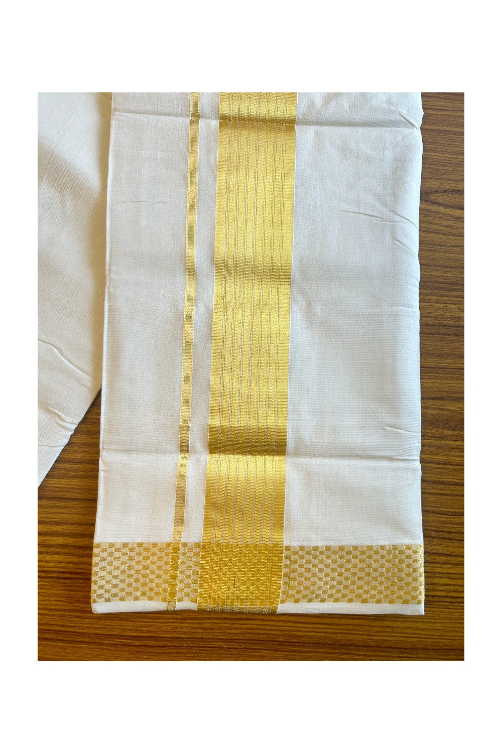 20% DISCOUNT!! KaithariKada HANDLOOM UNAKKUPAAV Balaramapuram - 100% PURE Cotton OFF White Double Mundu/Dothi - 3.25 Inch Kasavu check striped Kara - 3KK456KK