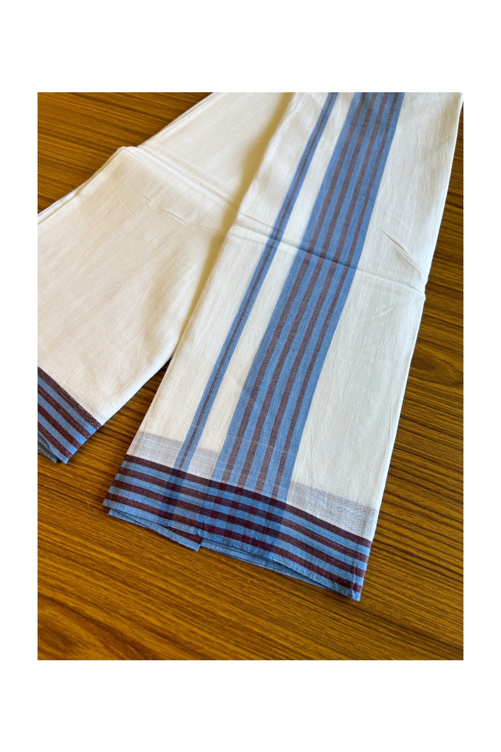 29% DISCOUNT! KaithariKada Balaramapuram 100% Cotton Ultra WHITE Double Mundu/Dhoti-100x100 2.75 inch Blue & Brown Stripes Cotton kara 3.70m- 3KK493RAM