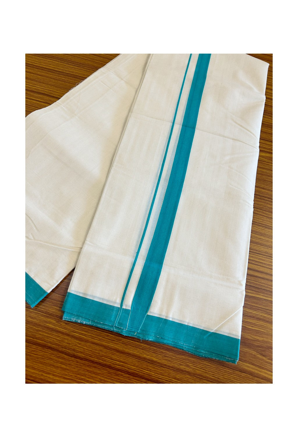 20% DISCOUNT!! KaithariKada HANDLOOM UNAKKUPAAV Balaramapuram - 100% PURE Cotton OFF White  - (Unbleached) Double Mundu/Dothi - 1.75 Inch Green  Mulloth Kara - 3KK498KK